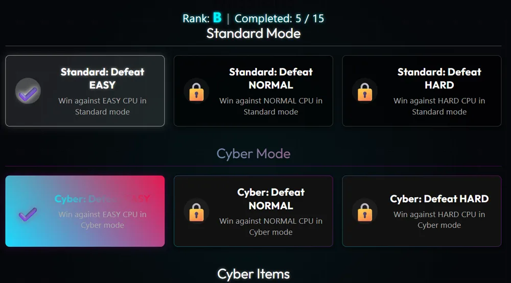 CPU戦や特殊能力の使用を目標にしたサイバー五目のミッション一覧