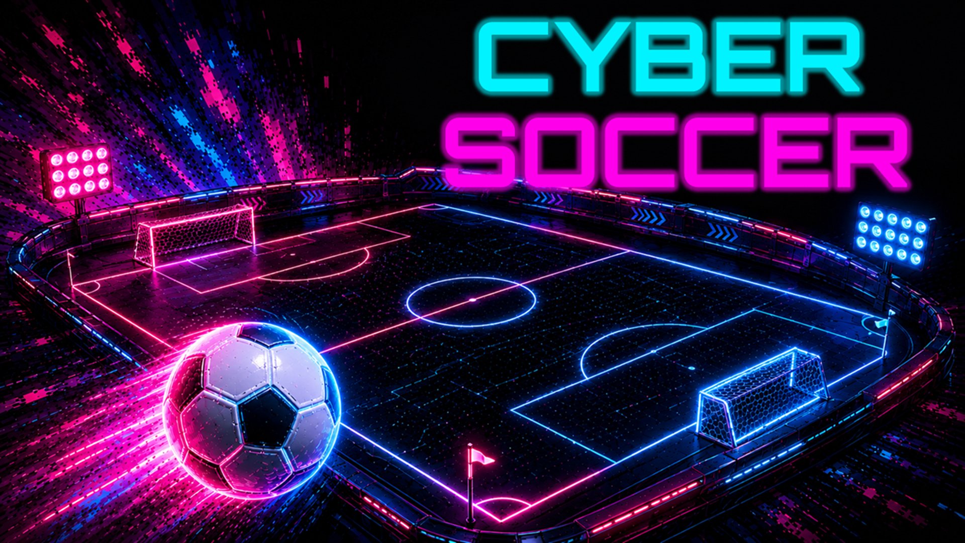 ネオンに輝くピッチで対戦するサイバーサッカーのゲーム画面