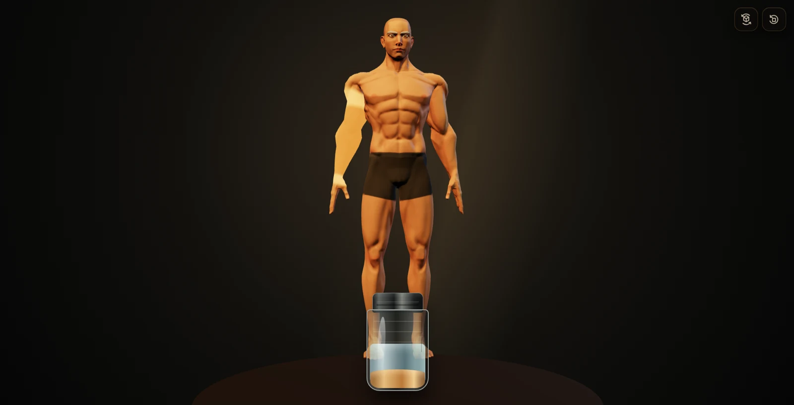 マッチョシェイカーの3Dキャラクターと画面手前のシェイカー